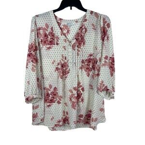 Rose & Olive Blouse Womens 2X Cream Pink Floral Polka Dot Pintuck V-Neck Top